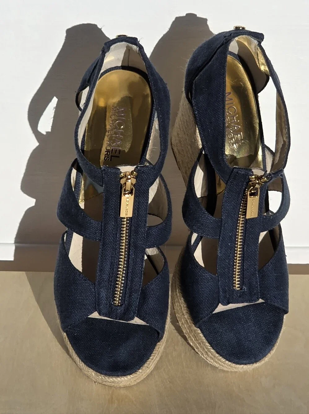 Michael Kors Size 7.5 Navy Fabric Espadrille Wedge Sandals